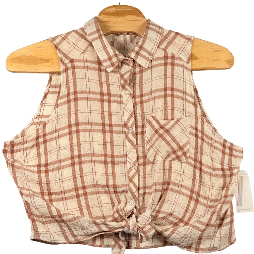 Ultra Flirt 3X Crop Top Plaid Sleeveless Tie Front Coastal Cowgirl Western Boho
